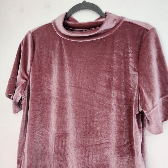 By Anthropologie Pink Rose Krista Velvet short sleeve mockneck top holiday girly - Picture 6 of 12